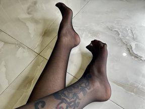 Black nylon feet and long toes, toes in hose, nylon soles, stockings on me