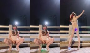 Ladyboy on bridge gets anal plug destroyed in public