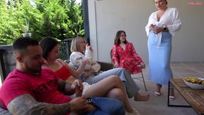 backstage! hey, i m too horny, suck my cock! teenagers fuck a slutty milf in the mouth before an outdoor orgy!