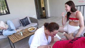 backstage! hey, i m too horny, suck my cock! teenagers fuck a slutty milf in the mouth before an outdoor orgy!