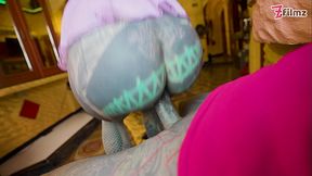 Dreadlocked TATTOOED stripper ending her show with a happy ending ANAL and facial!