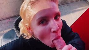 Blonde Deepthroats Huge Cock and Swallows Outdoors