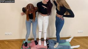 triple full weight trampling femdom with mistresses kira, sofi and agma