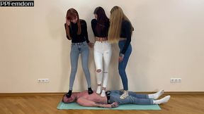 triple full weight trampling femdom with mistresses kira, sofi and agma