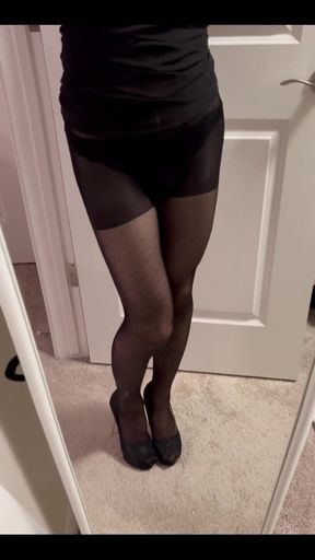 Looking Self in the Mirror in the Poka Dots Black Pantyhose.