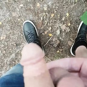 Got caught walking my cock and big shaved balls around public lake and stranger jerks me off to hot creamy cumshot