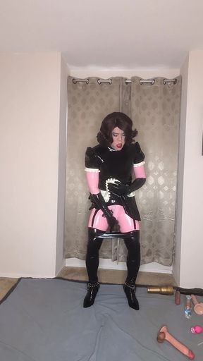 Latex Catsuit and Maid Dress Sissy Tries to Fuck Both of Her Holes with Dildos