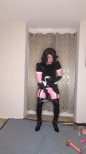 Latex Catsuit and Maid Dress Sissy Tries to Fuck Both of Her Holes with Dildos