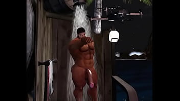 straight musclebear catches drone spying on him at outdoor shower