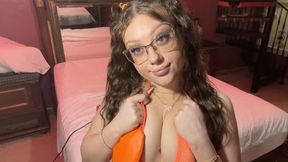 Orange Bra &amp; Thong with Orange balloon and black Fishnets - 21 year old College Girl Curly Hair Pigtails