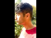 Walk and jerk off with cum mess on face by stranger outdoor