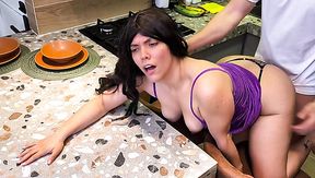 Curvy Brunette MILF With a Phat Ass Lets Her Horny Stepson Fuck Her In the Doggy Pose In the Kitchen