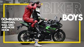 Biker Boys - Green Bike Part 1 (1080p) Gay Domination - Gay Bondage - Nose Hook - Handgag - BDSM - Biker Gear - Leather - Gloves - Tape Bondage