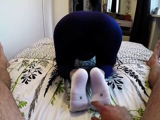 Neighbour's wife gives me a socksjob, a tugjob in gorgeous white socks, I cum on her little feet