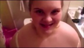 Sadee titty fucking me in the bathroom shooting her cum all over my huge tits
