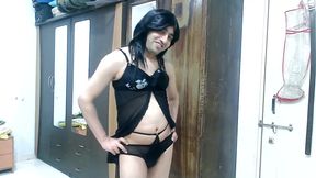 Sissy Crossdresser Femboy In Black Lingerie With Sexy Sheer Designer Pantie Inside It