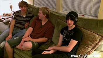 Hot gay scene Aron, Kyle and James are d out on the couch and