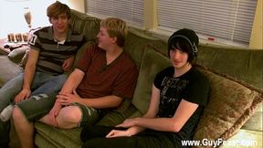 Hot gay scene Aron, Kyle and James are d out on the couch and