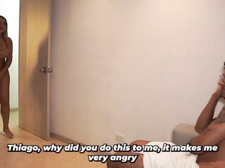 Large-breasted blond stepmother emerges from the baths shivering after a prank by her stepson