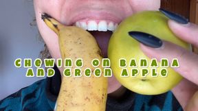 chewing on a banana and, for the first time, a green apple