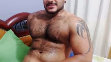 Hairy Fit Bear Johan Strokes is Cock, Sucks a Dildo and Cums on Chest