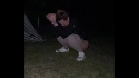 Outdoor Flashing and Teasing WET Pussy BIG Dick and a campfire