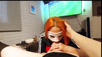 My wife deepthroats me during the World Cup while I cum in her mouth