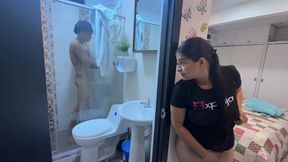 STEPMOM DON'T ON ME THAT I'M SHOWERING  My stepmom is very slutty and watches me while I take a shower