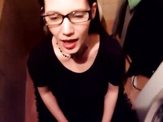 Nerdy librarian with glasses likes to swallow urinate