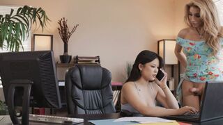 Busty TS fucks Asian GF while working