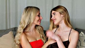 Slim lezzie hotties Tory Sweet and Freya Mayer enjoy strong sheer pleasure with a double dildo, their bodies flush with excitement - hot XXX action!