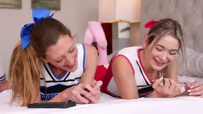 Stepbrother catches his sister and her best friend fooling around in the living room together