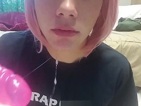 Deepthroating and gagging on huge dildo