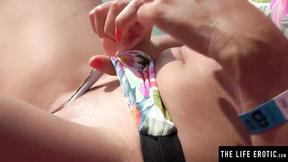 ”Sexy brunette exhibitionist masturbates in public at the lake”