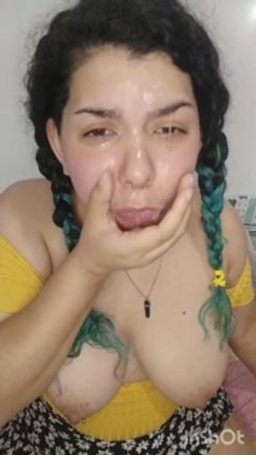 Stepdaughter fills her face with saliva