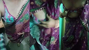 Indian Trans Woman Gaurisissy showing her full body and pressing and playing with her big boobs in pink saree