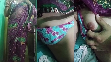 Indian Trans Woman Gaurisissy showing her full body and pressing and playing with her big boobs in pink saree