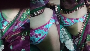 Indian Trans Woman Gaurisissy showing her full body and pressing and playing with her big boobs in pink saree