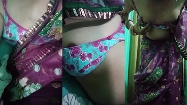 Indian Trans Woman Gaurisissy showing her full body and pressing and playing with her big boobs in pink saree