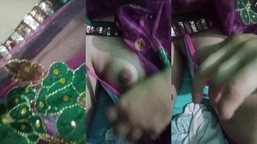 Indian Trans Woman Gaurisissy showing her full body and pressing and playing with her big boobs in pink saree