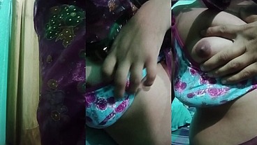Indian Trans Woman Gaurisissy showing her full body and pressing and playing with her big boobs in pink saree