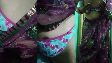 Indian Trans Woman Gaurisissy showing her full body and pressing and playing with her big boobs in pink saree