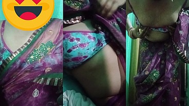 Indian Trans Woman Gaurisissy showing her full body and pressing and playing with her big boobs in pink saree