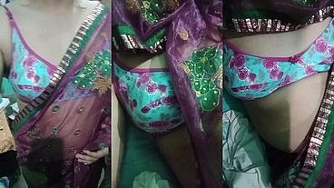 Indian Trans Woman Gaurisissy showing her full body and pressing and playing with her big boobs in pink saree