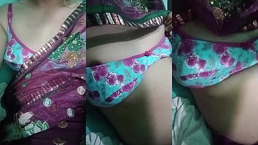Indian Trans Woman Gaurisissy showing her full body and pressing and playing with her big boobs in pink saree