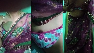 Indian Trans Woman Gaurisissy showing her full body and pressing and playing with her big boobs in pink saree
