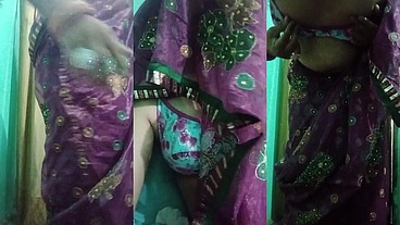 Indian Trans Woman Gaurisissy showing her full body and pressing and playing with her big boobs in pink saree