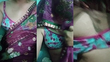 Indian Trans Woman Gaurisissy showing her full body and pressing and playing with her big boobs in pink saree