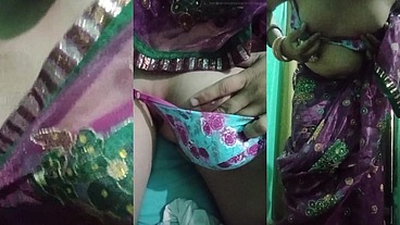 Indian Trans Woman Gaurisissy showing her full body and pressing and playing with her big boobs in pink saree