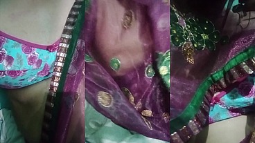 Indian Trans Woman Gaurisissy showing her full body and pressing and playing with her big boobs in pink saree